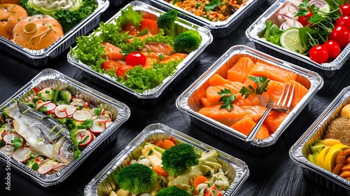 Ready healthy food catering menu in lunch boxes fish and vegetable packages as daily meal diet plan courier delivery with fork isolated on black table background. Take away containers : Generative AI