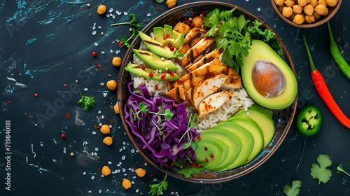 Grilled chicken, rice, spicy chickpeas, avocado, cabbage, pepper buddha bowl on dark background, top view. Delicious balanced food concept : Generative AI photo