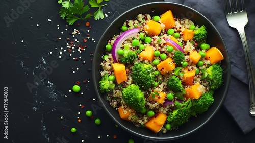 Vegetarian quinoa and broccoli warm salad with baked butternut squash or pumpkin, green peas and fresh red onion, top down view : Generative AI photo