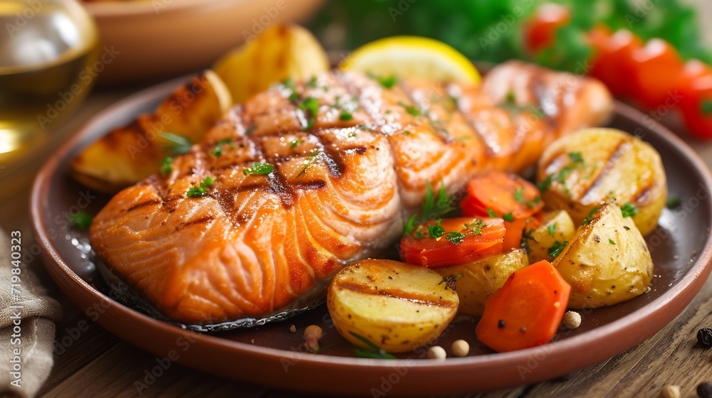 Fried salmon steak with potatoes and vegetables on wooden table : Generative AI Fried salmon steak with potatoes and vegetables on wooden table : Generative AI