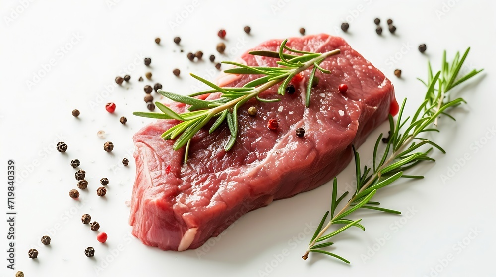 Raw beef steak with rosemary and peppercorns on white background : Generative AI Raw beef steak with rosemary and peppercorns on white background : Generative AI