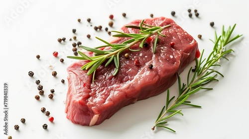 Raw beef steak with rosemary and peppercorns on white background : Generative AI