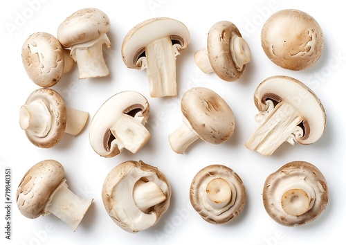 Set of fresh whole and sliced champignon mushrooms isolated on white background. Top view : Generative AI
