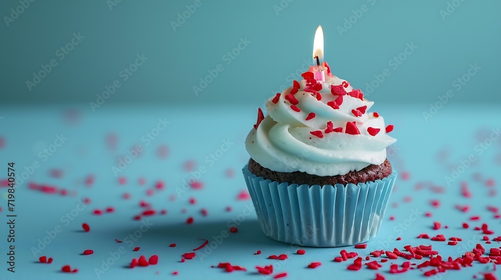 Blue cupcake with red sprinkles and lit candle on a blue background. : Generative AI