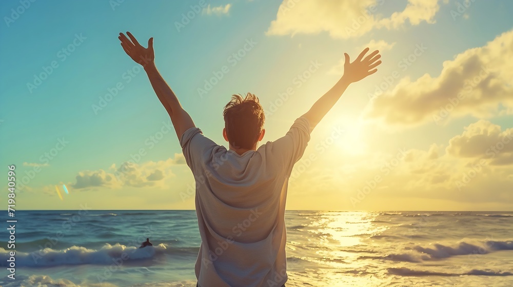 Back view of happy excited man raising arms up to blue sky - Hipster winner traveler enjoying summer sunset at the beach - Travel, mental health, success, business, tourism and life st : Generative AI - obrazy, fototapety, plakaty 