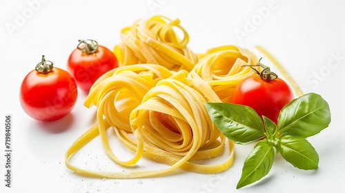 Traditional Italian linguini pasta with tomatoes and basil is isolated on a white background. A set of pasta with tomatoes in different angles. : Generative AI
