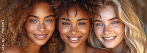 Afro-Scandinavian, youthful, attractive women posing happy together against a brown background photo