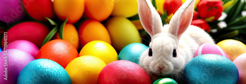 white Easter bunny peeks out from behind colorful bright eggs. Free space for text. Easter concept