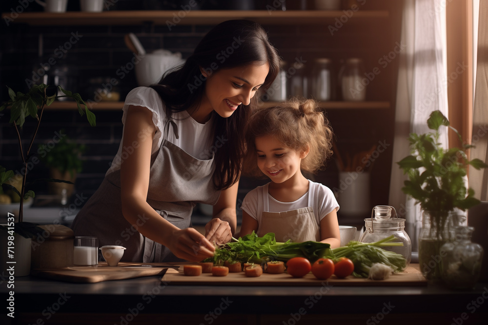 Mother and child daughter preparing tasty food, Healthy food at home, Generative Ai