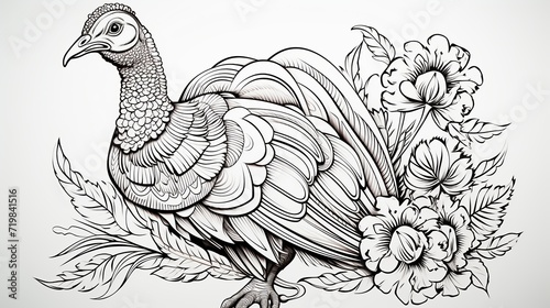 Turkey. Vintage retro print, black white turkey drawing, engrave old school style. Sketch artwork silhouette turkey on white background.