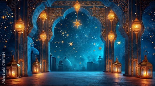 A big copy space with golden lanterns and stars with Islamic type of building and mosaic, Generative AI.