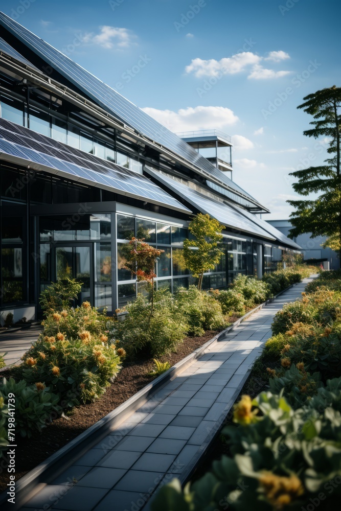 Solar panel installation on a commercial building, contributing to the green energy initiatives of businesses, Generative AI Solar panel installation on a commercial building, contributing to the green energy initiatives of businesses, Generative AI
