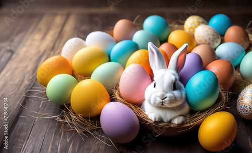 Cute bunny lies in a wicker basket along with colorful Easter eggs on a wooden background with copy space