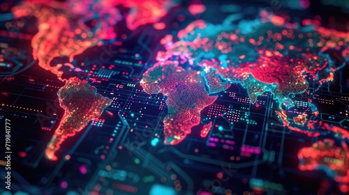 A vibrant neon world map capturing the dynamic and everevolving nature of our digital landscape.