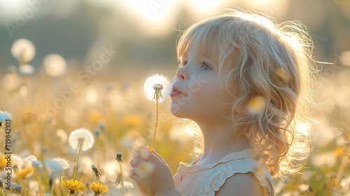 A fair-haired young girl blowing dandelions in a field of them side view, big copy space, Generative AI.