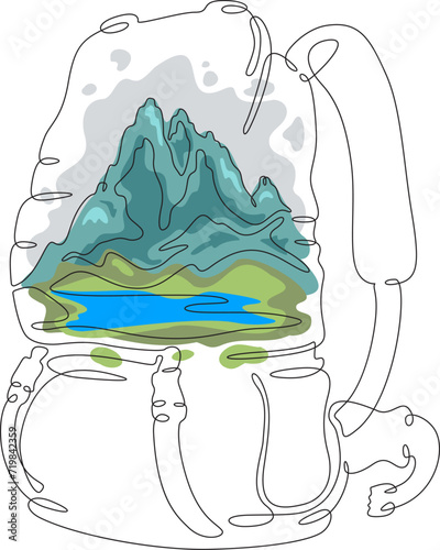 Camping backpack. High peak. Mountain landscape.Double exposure. Picture in picture.Continuous one line drawing. Linear color flat vector illustration.