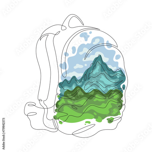 Camping backpack. High peak. Mountain landscape.Double exposure. Picture in picture.Continuous one line drawing. Linear color flat vector illustration.