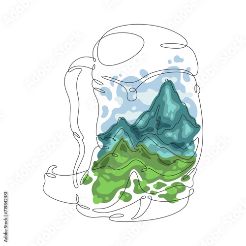 Camping backpack. High peak. Mountain landscape.Double exposure. Picture in picture.Continuous one line drawing. Linear color flat vector illustration.