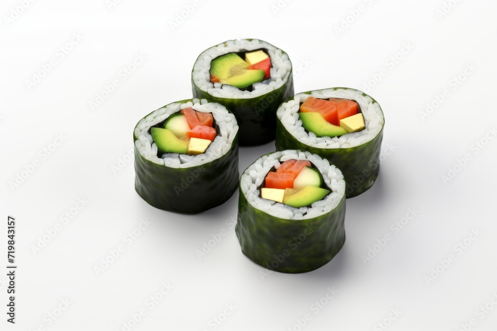 Vegetarian Futomaki Sushi, Arranged in an Appealing Formation on a White Background, Generative AI Vegetarian Futomaki Sushi, Arranged in an Appealing Formation on a White Background, Generative AI