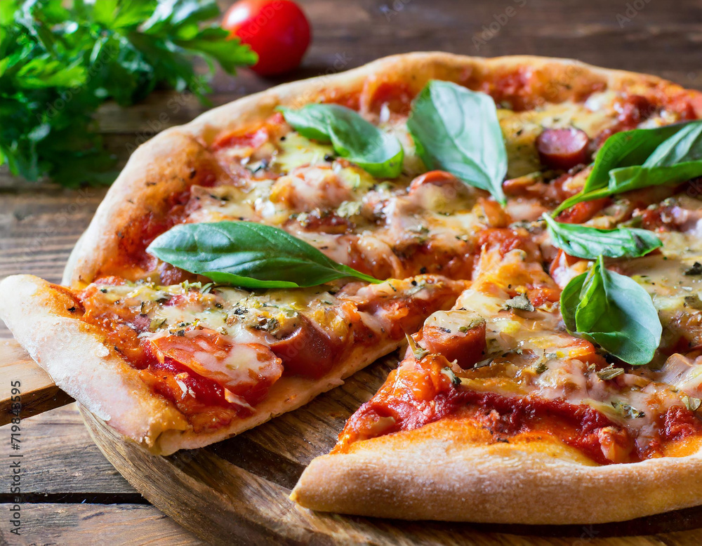 Pizza - An Italian-inspired dish featuring a thin crust adorned with tomato sauce and cheese. Pizza - An Italian-inspired dish featuring a thin crust adorned with tomato sauce and cheese.