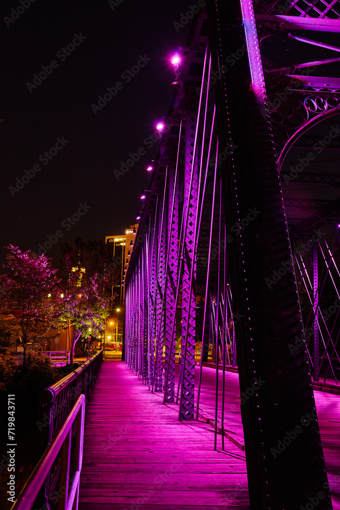 Obraz premium Futuristic Purple-Lit Heritage Bridge at Night, Urban Backdrop