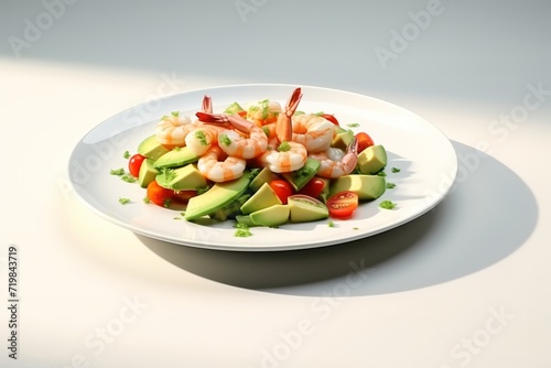 Avocado and Shrimp Salad, Deliciously Arranged on a White Canvas, Generative AI