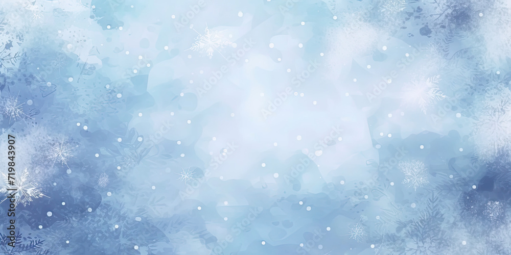 Fototapeta premium white blue watercolor background snowfall, christmas view blurred blizzard light blue snowflakes on a white city background. holiday theme, banner design