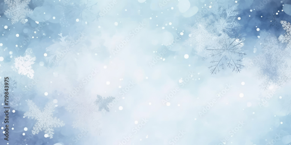 white blue watercolor background snowfall, christmas view blurred blizzard light blue snowflakes on a white city background. holiday theme, banner design