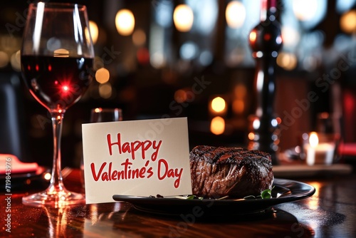Valentines Day supreme luxurious dinner of steak and wine in restaurant pragma