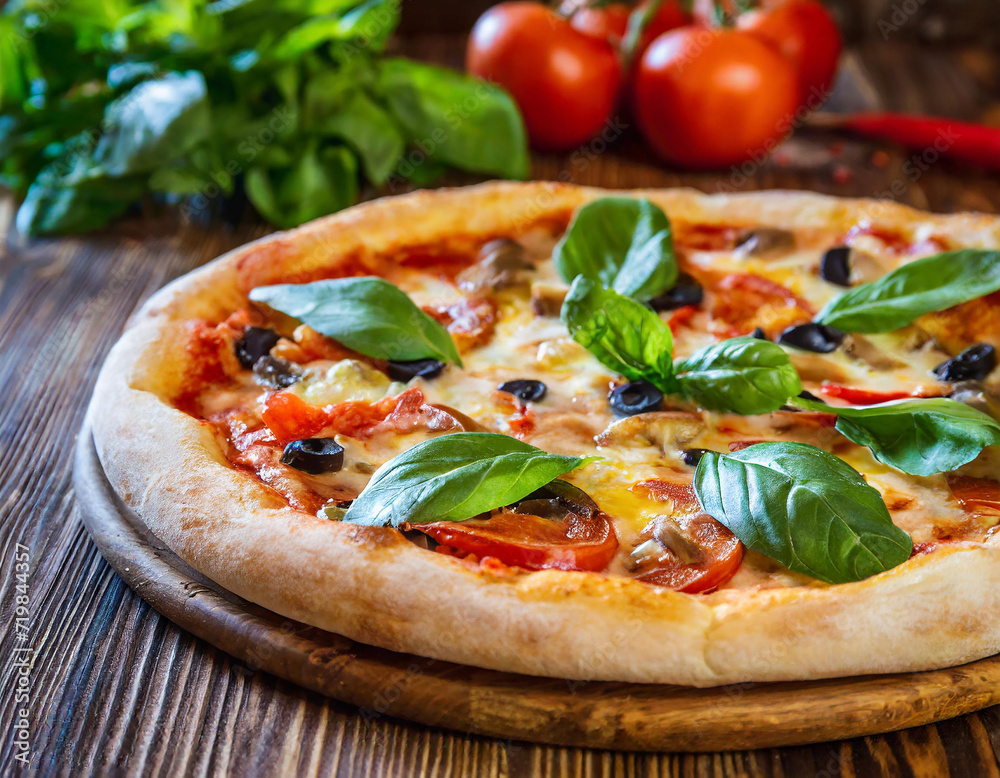 Pizza - An Italian-inspired dish featuring a thin crust adorned with tomato sauce and cheese. Pizza - An Italian-inspired dish featuring a thin crust adorned with tomato sauce and cheese.