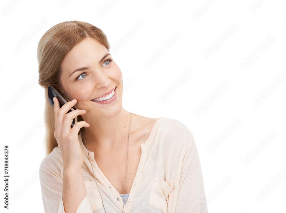 Woman, happy and connection for phone call in studio, chat and networking or contact for communication. Young model, positive and smartphone for discussion, social and technology by white background Woman, happy and connection for phone call in studio, chat and networking or contact for communication. Young model, positive and smartphone for discussion, social and technology by white background