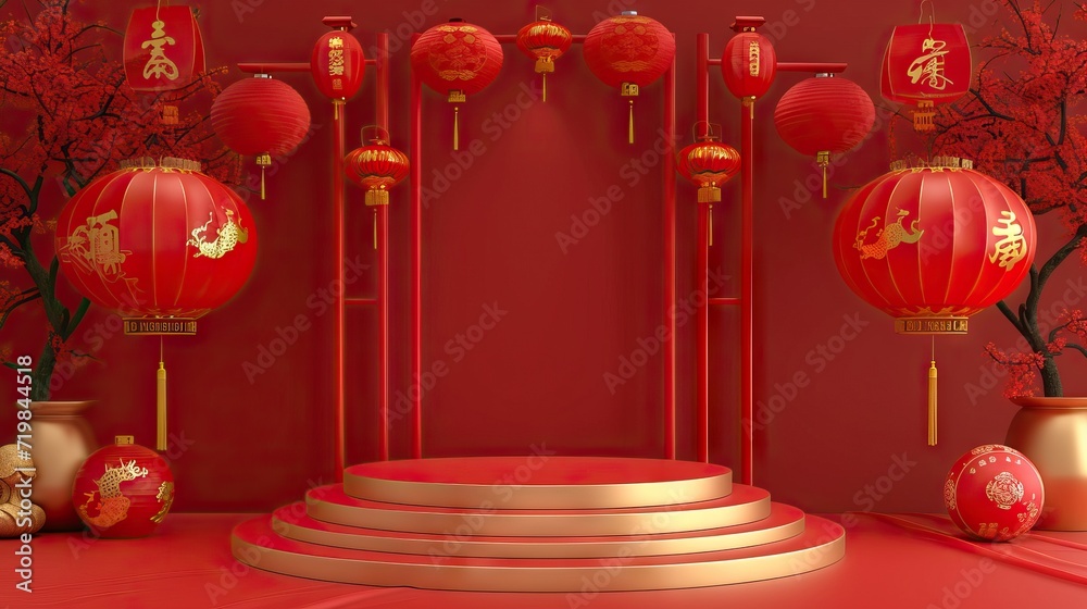red geometric podium.chinese tradition podium for beauty branding cosmetic or any product. Concept Shopping podium for chinese new year. - AI Generated Abstract Art 