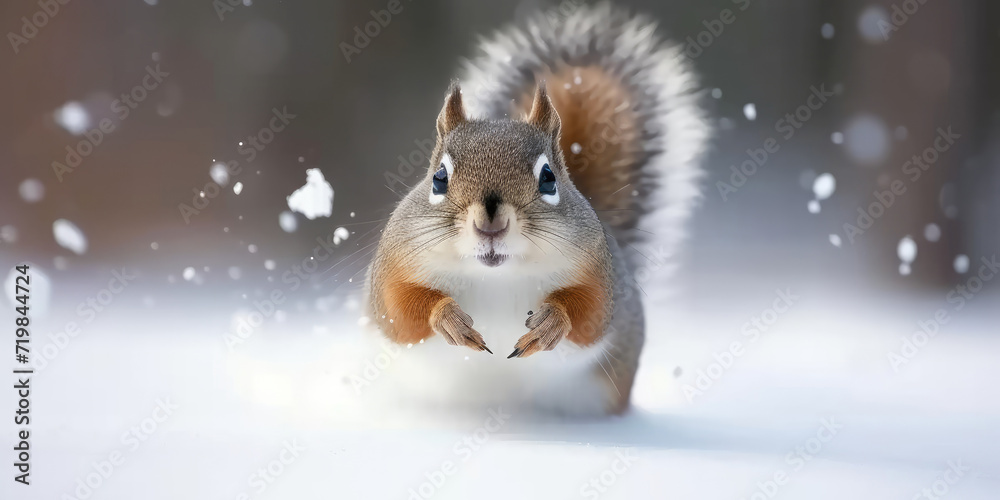 cute hamster running through fluffy winter snow, christmas holiday cute hamster running through fluffy winter snow, christmas holiday