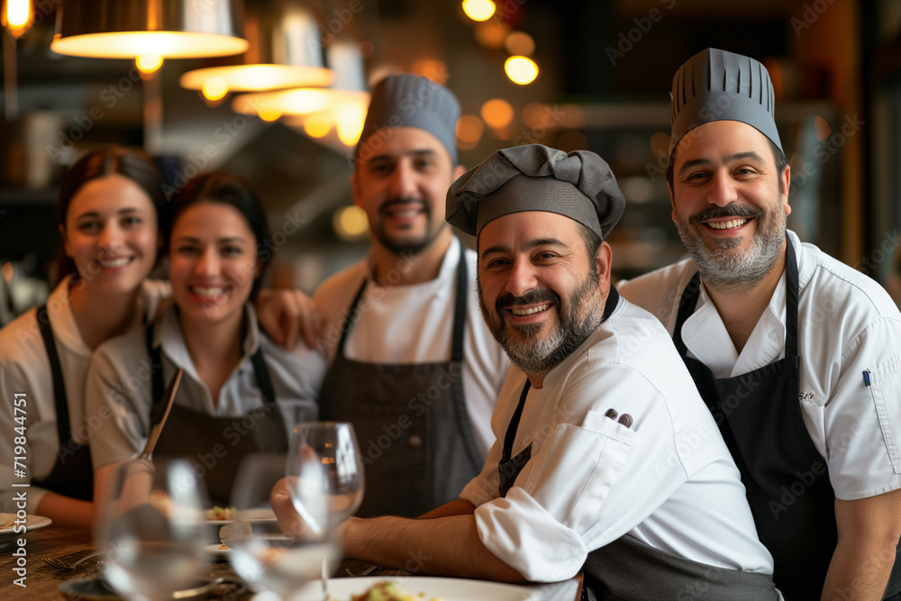 Chef standing with his team in restaurant kitchen, restaurant staff, back cook Chef standing with his team in restaurant kitchen, restaurant staff, back cook