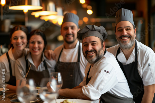 Chef standing with his team in restaurant kitchen, restaurant staff, back cook