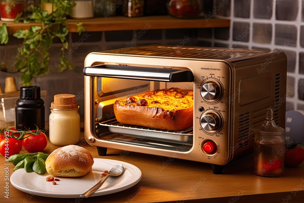 mini oven on Beautiful wood table top and blur mini oven on Beautiful wood table top and blur