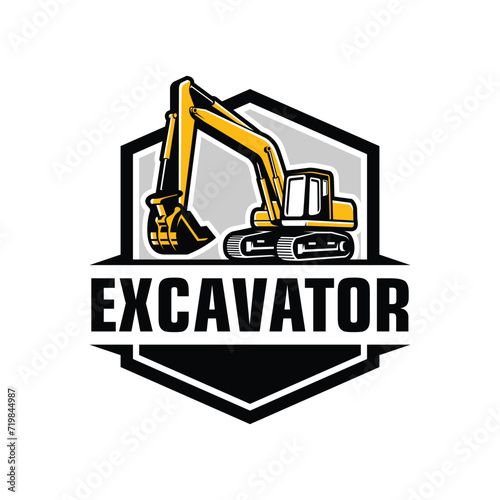 Excavator Logo Design. With Hexagon Frame. Vector illustration