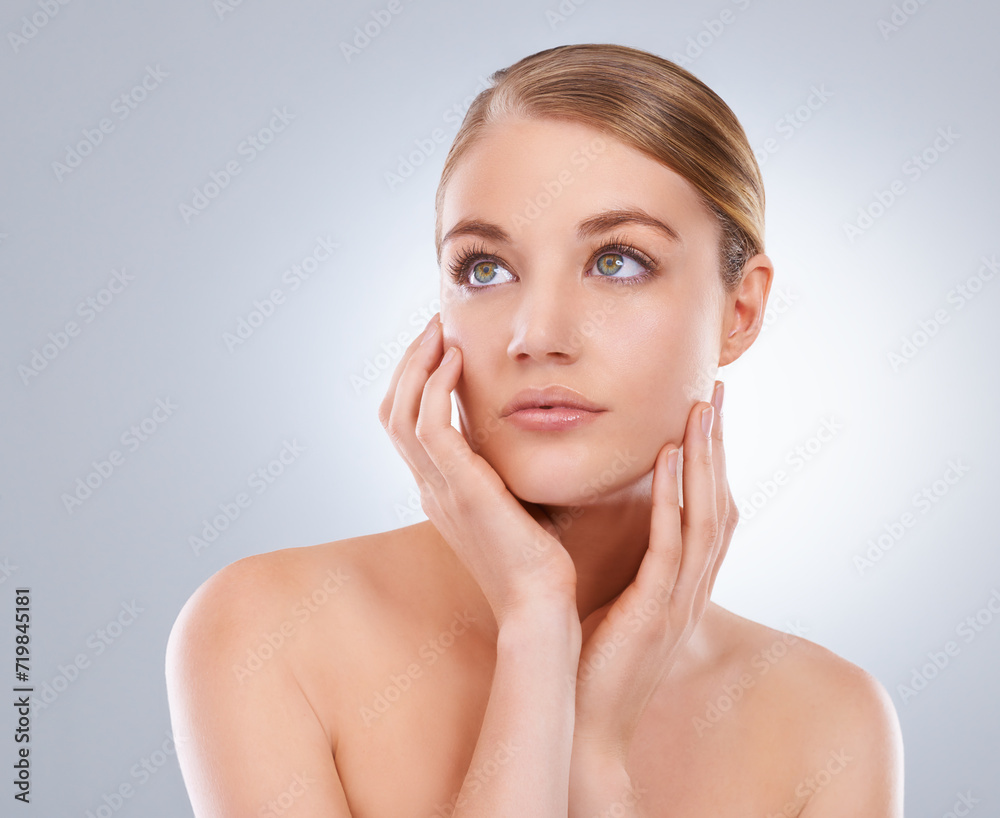Thinking, skincare and woman with shine, cosmetics and wellness on white studio background. Person, girl and model with dermatology or idea with beauty, treatment and self care with aesthetic or glow Thinking, skincare and woman with shine, cosmetics and wellness on white studio background. Person, girl and model with dermatology or idea with beauty, treatment and self care with aesthetic or glow
