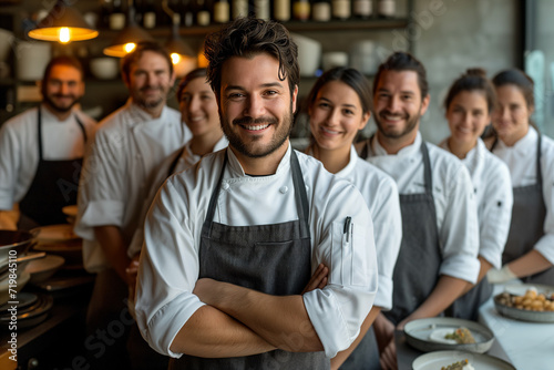 Chef standing with his team in restaurant kitchen, restaurant staff, back cook
