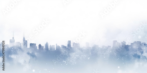 white blue watercolor background snowfall, christmas view blurred blizzard light blue snowflakes on a white city background. holiday theme, banner design