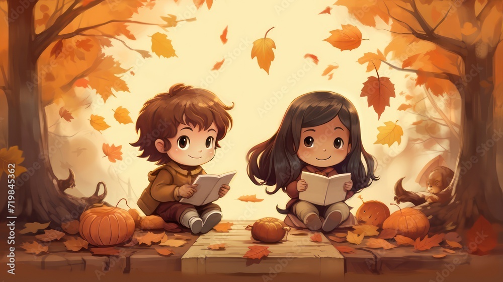 Autumn theme cartoon illustration childern. Copy space template. - obrazy, fototapety, plakaty 