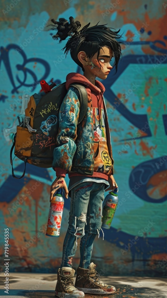 Fototapeta premium Cartoon digital avatars of RebelRouser A rebellious and bold avatar with a toughlooking graffiticovered jacket, ripped jeans, and a spray can in hand, standing in front of a rebellious