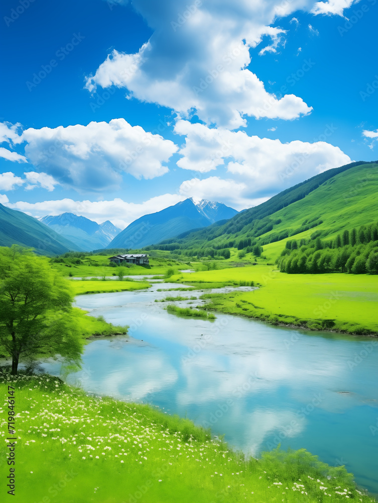 Spring lake and mountain scenery,created with Generative AI tecnology.
