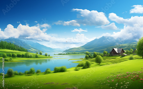 Spring lake and mountain scenery created with Generative AI tecnology. 