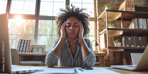 a woman is experiencing a headache while at her workplace in the office. Capture the discomfort and challenges she faces