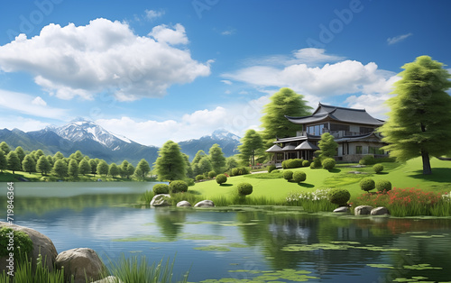 Spring lake and mountain scenery,created with Generative AI tecnology. 
