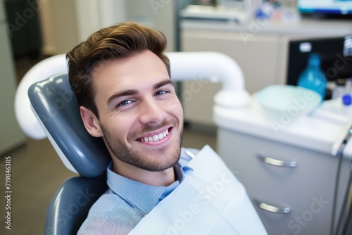 A happy man is sitting in a dentist's chair and looking directly at the camera. Capture the positive atmosphere and her contentment during the dental visit