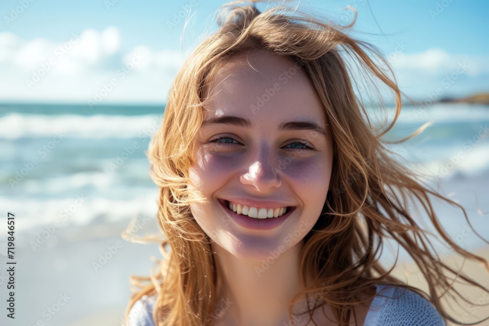 Beautiful young woman is smiling at the beachside, delightfully enjoying a sunny day. Capture the essence of her healthy lifestyle and laughter Beautiful young woman is smiling at the beachside, delightfully enjoying a sunny day. Capture the essence of her healthy lifestyle and laughter