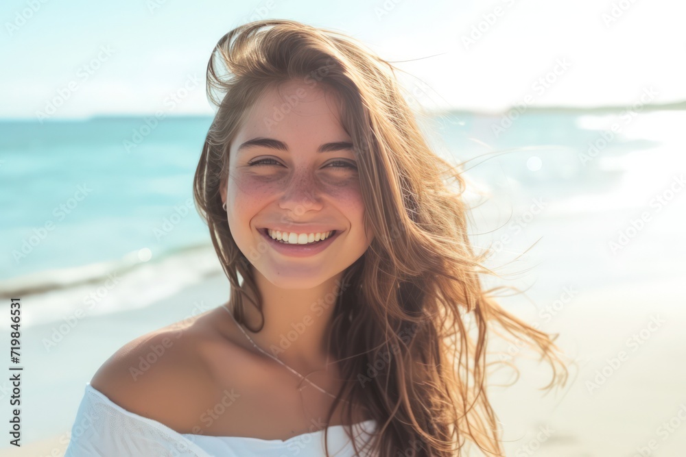 Beautiful young woman is smiling at the beachside, delightfully enjoying a sunny day. Capture the essence of her healthy lifestyle and laughter Beautiful young woman is smiling at the beachside, delightfully enjoying a sunny day. Capture the essence of her healthy lifestyle and laughter