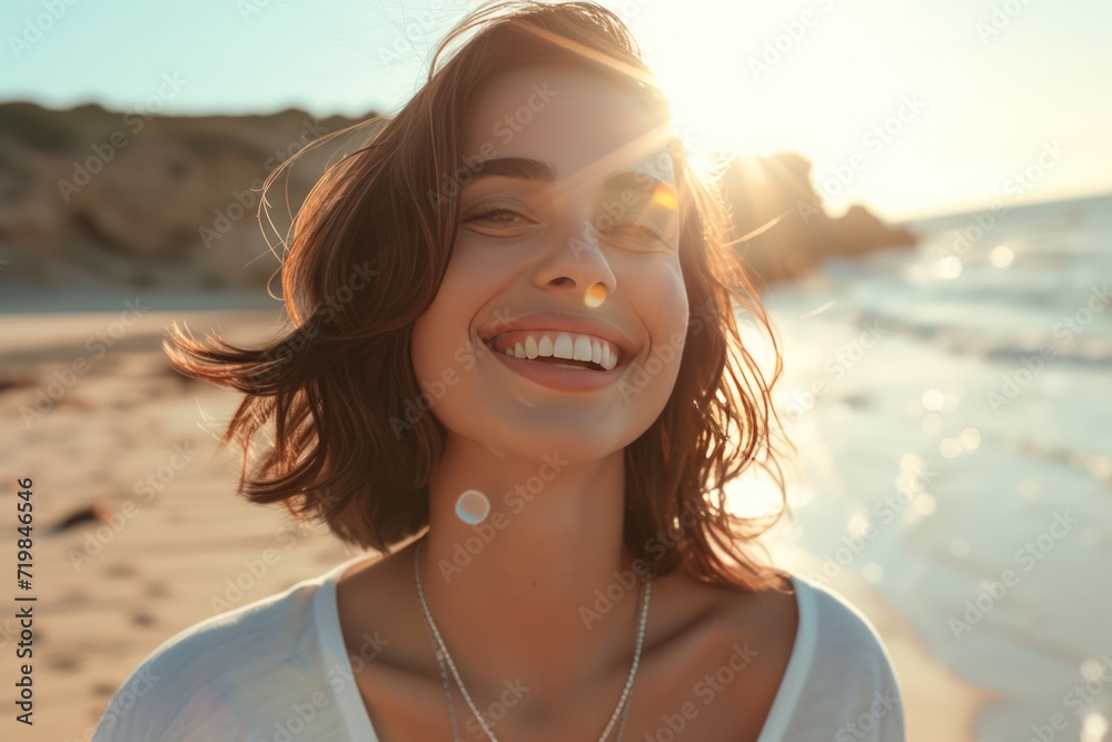 Beautiful young woman is smiling at the beachside, delightfully enjoying a sunny day. Capture the essence of her healthy lifestyle and laughter